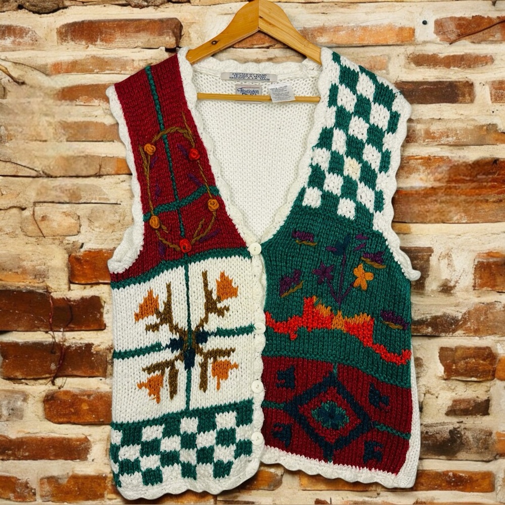 Hand Knit Patchwork Cottagecore Knit Button Down … - image 1